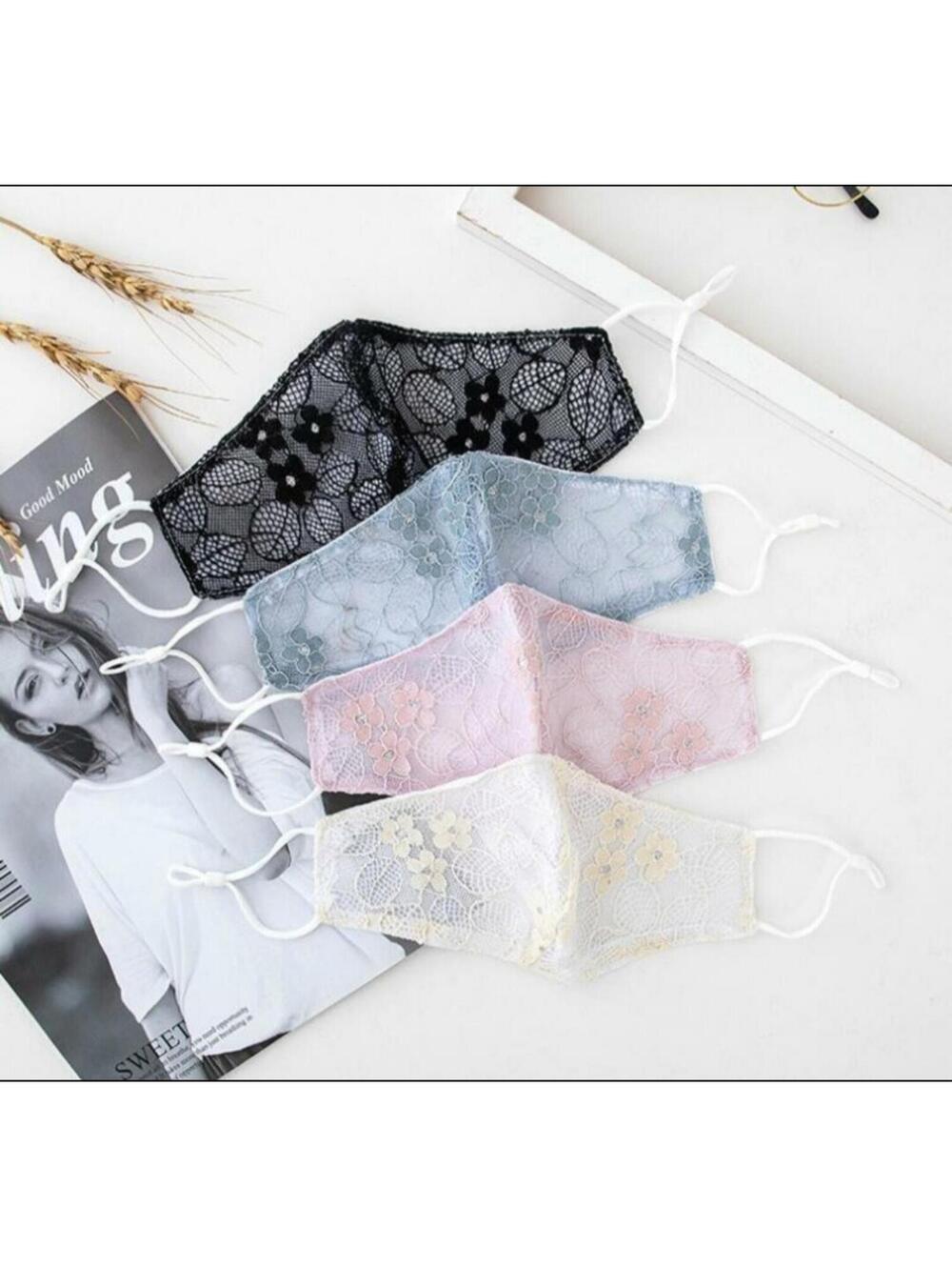 4 Face masks Lace cotton Floral Pink blue cream white pretty bridal prom women